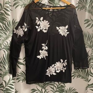 INC International Concepts Black Blouse with White Floral Accents